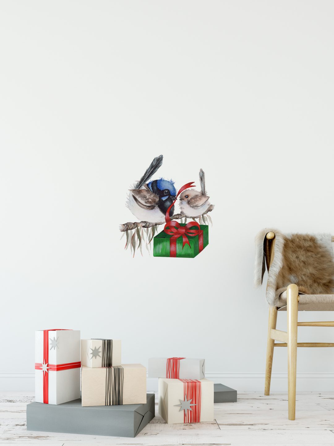 Christmas Blue Wren and Baby Wall Sticker