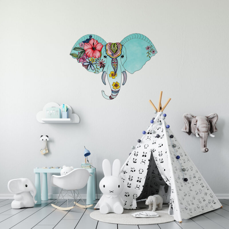 Elephant Head with Floral Design Wall Sticker